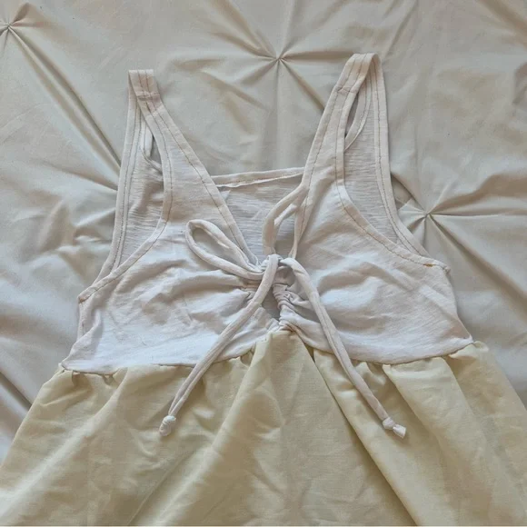 White and cream linen key hole tie babydoll sleeveless mini dress - Picture 3 of 6